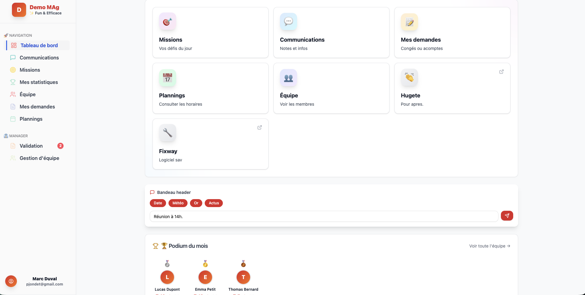 Tableau de bord MYCOM avec podium et bandeau dynamique